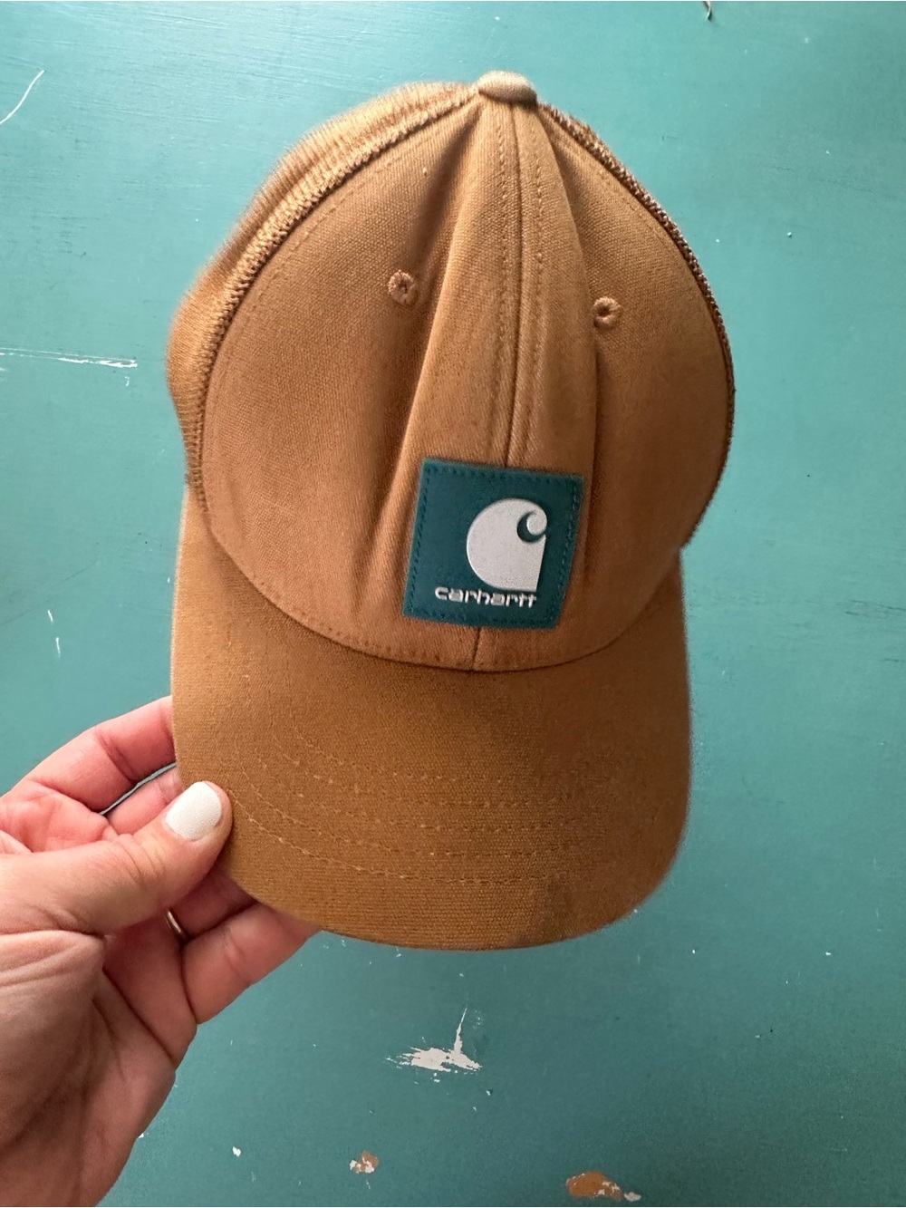 Carhartt Tan Canvas Hat with Teal Logo Patch